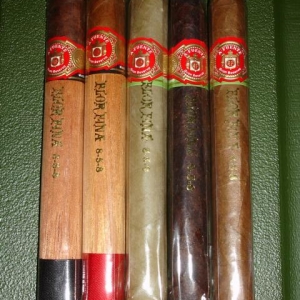 The complete 858 lineup, L to R:
858 Sun Grown
858 Rosado
858 Candella/Claro
858 Maduro
858 Natural