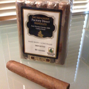 My favorite cheapassed bundle cigar: "Nicaraguan Factory Direct" sun grown Corojo 1999, from Tabacalera Tropical.