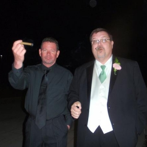 my riding buddy Jeff and I enjoying a '55 student prince at my daughter's wedding reception!