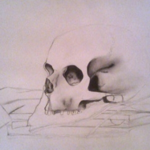 Pencil. Skull on top of books. COPIED