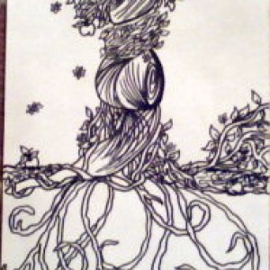 Magic marker. A female tree (giving flowers) and a Male tree (giving apples) hugging each other.
ORIGINAL
