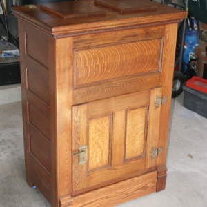 Overall view, doors closed.  Other than stripping and refinishing, I did not affect the outside appearance of the original ice box.  All of the same hardware and cabinet pieces.