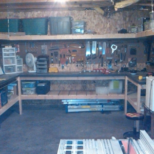 Workbench area. 22 linear feet of bench surface and pegboard. Storage awesomeness...