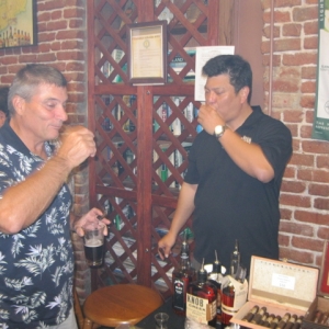 Owner Fred Remington and Mark Miyahira share a shot of Knob single barrel