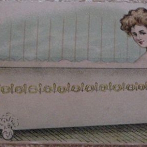 When this cigar card from the Victorian era is folded closed, the woman seems to be taking a bath. Look closely at what appear to be her kneecaps slightly protruding above the rim of the tub. Then go on to the next picture.