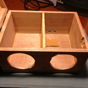 Another angle after the speaker holes were drilled and the box has been separated into two speaker housings.