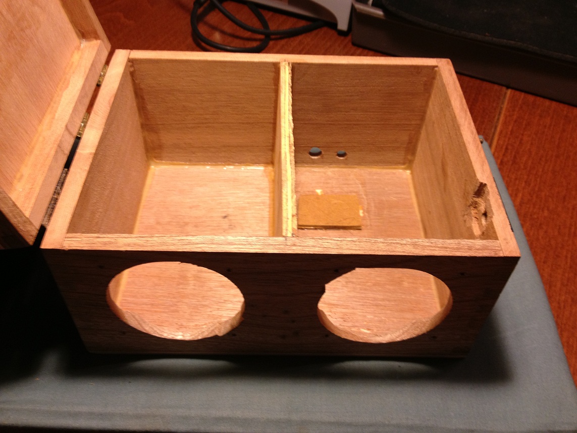 Another angle after the speaker holes were drilled and the box has been separated into two speaker housings.