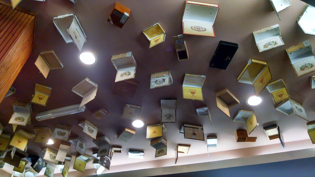 Cigar Bar Lounge Ceiling Decorated By EMPTY Cigar Boxes
