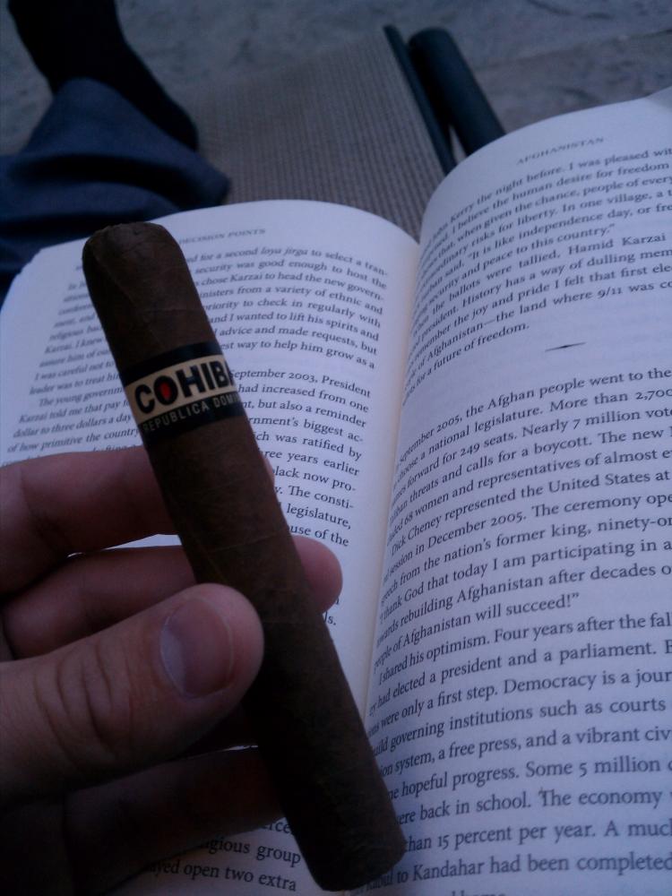 Enjoying a nice Cohiba while reading Decision Points by Mr. Bush