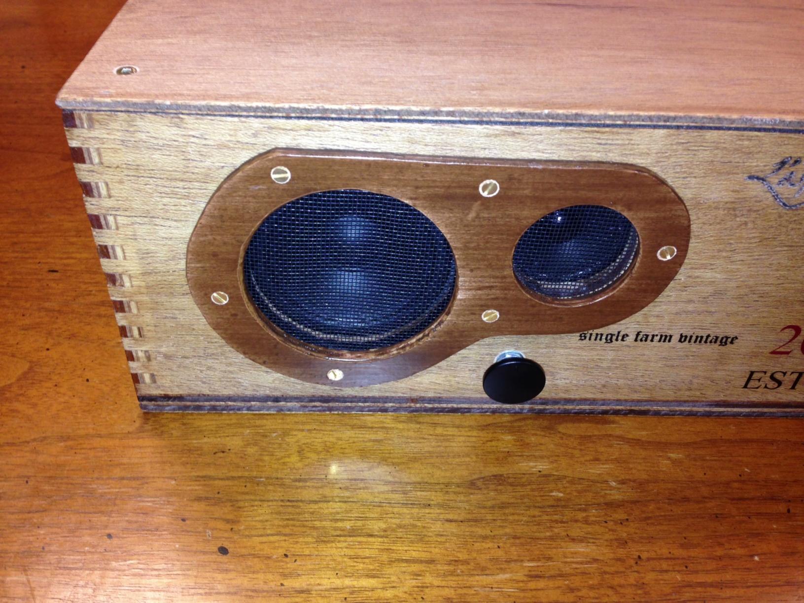 I decided to go with a sort of Art Deco look on this box.  I could have left the speaker covers unstained but I wanted a little contrast.  This unit has 20 watts per channel, 3" inch woofers and 1.5" tweeters.