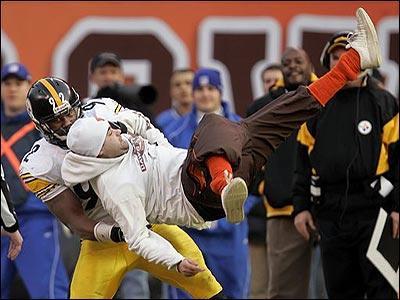 James Harrison hugging a Cleveland fan