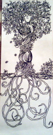 Magic marker. A female tree (giving flowers) and a Male tree (giving apples) hugging each other.
ORIGINAL