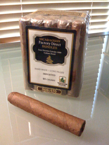 My favorite cheapassed bundle cigar: "Nicaraguan Factory Direct" sun grown Corojo 1999, from Tabacalera Tropical.