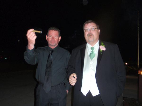 my riding buddy Jeff and I enjoying a '55 student prince at my daughter's wedding reception!