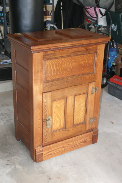 Overall view, doors closed.  Other than stripping and refinishing, I did not affect the outside appearance of the original ice box.  All of the same hardware and cabinet pieces.