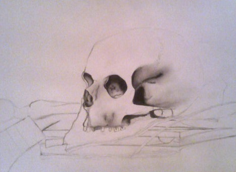 Pencil. Skull on top of books. COPIED