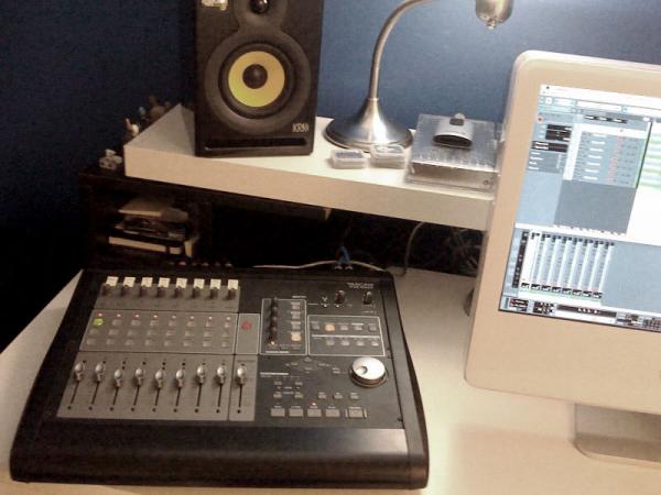 Tascam FW-1082 mixer/audio interface/DAW controller
Apple iMac running Cubase LE4 DAW software
KRK Rockit 5 monitor