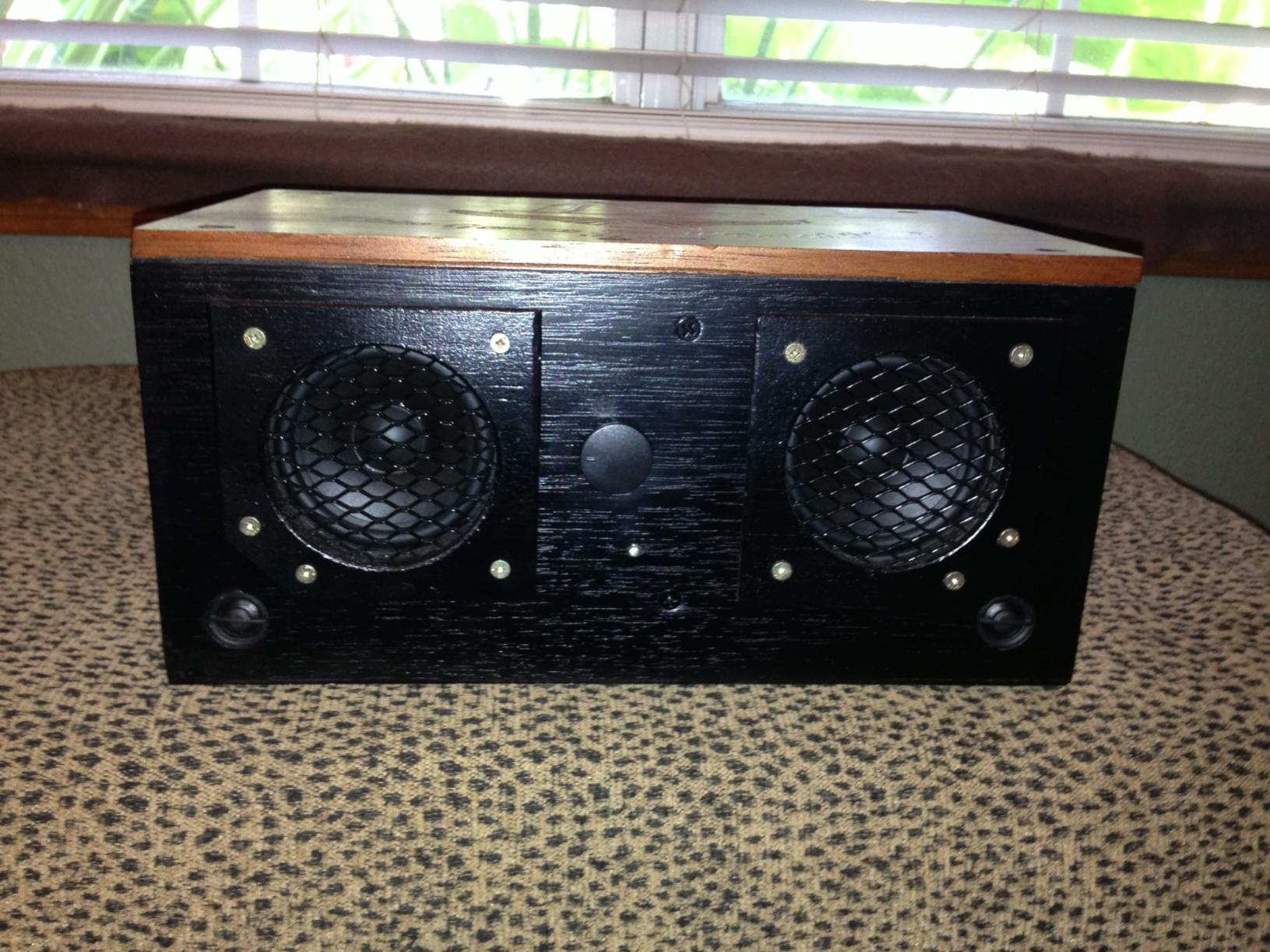 This was the back of the box but now it is the front of the system.  I painted it because someone had written on it with a black sharpie.  This unit has nice pencil tweeters installed in the lower corners.