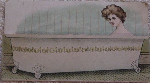 When this cigar card from the Victorian era is folded closed, the woman seems to be taking a bath. Look closely at what appear to be her kneecaps slightly protruding above the rim of the tub. Then go on to the next picture.