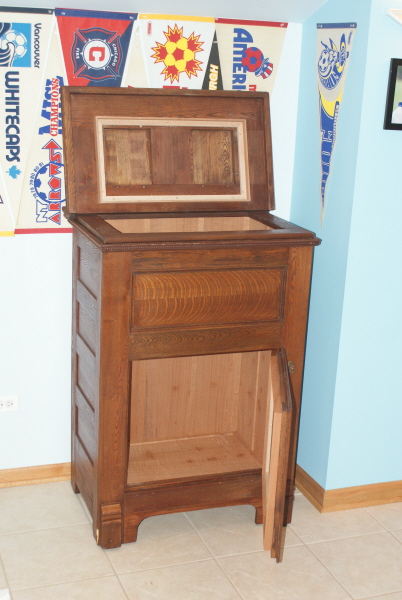 With the top open.  The Spanish Cedar frame on the inside of the top fits into the opening when it's closed.  It used to be made of oak, but the oak was rotted.  Inside that frame I want to put art glass, or maybe a map, or cigar bands under glass.